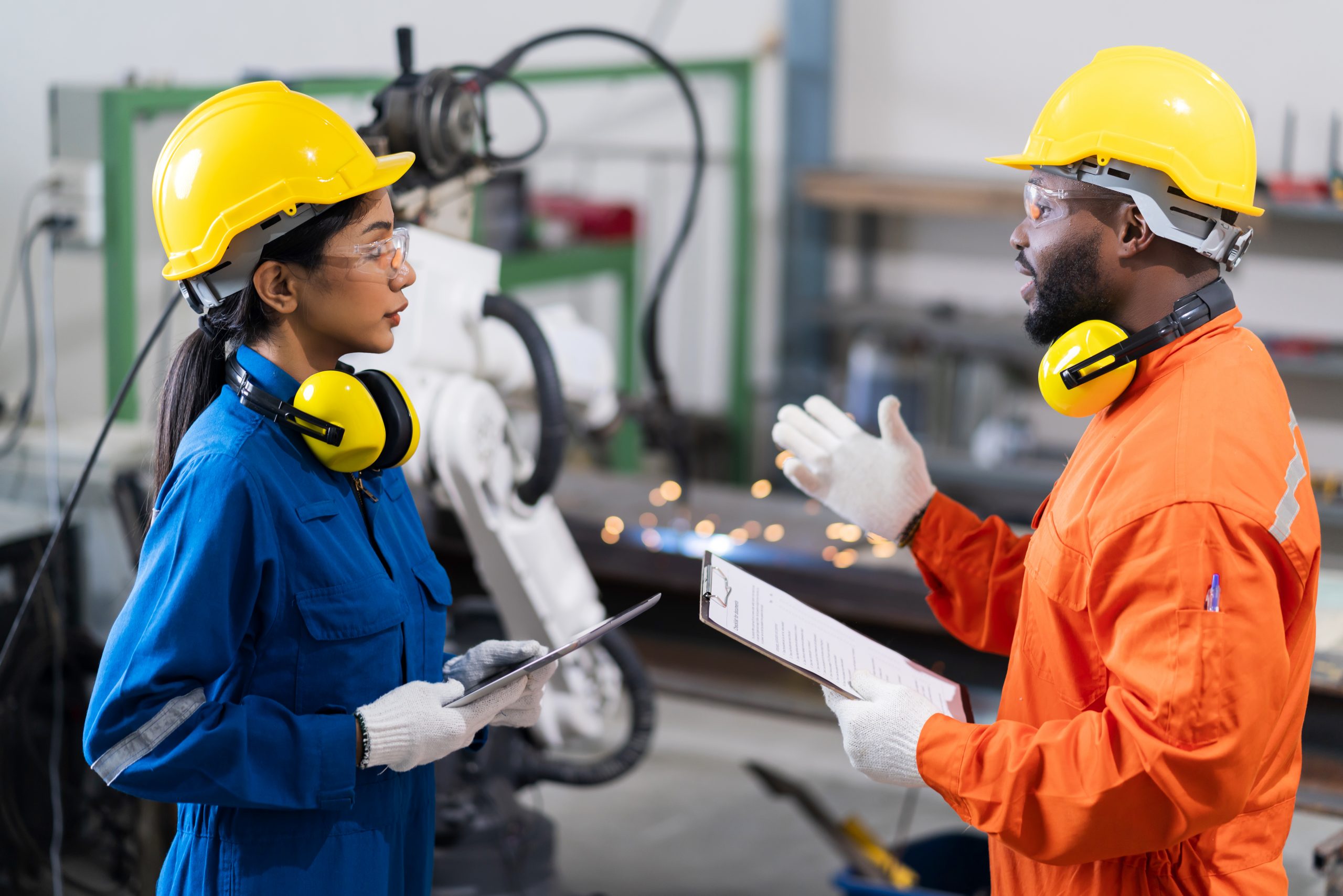 engineer cooperation male and female technician maintenance control relay robot arm system welding with tablet laptop to control quality operate process work heavy industry 4.0 manufacturing factory